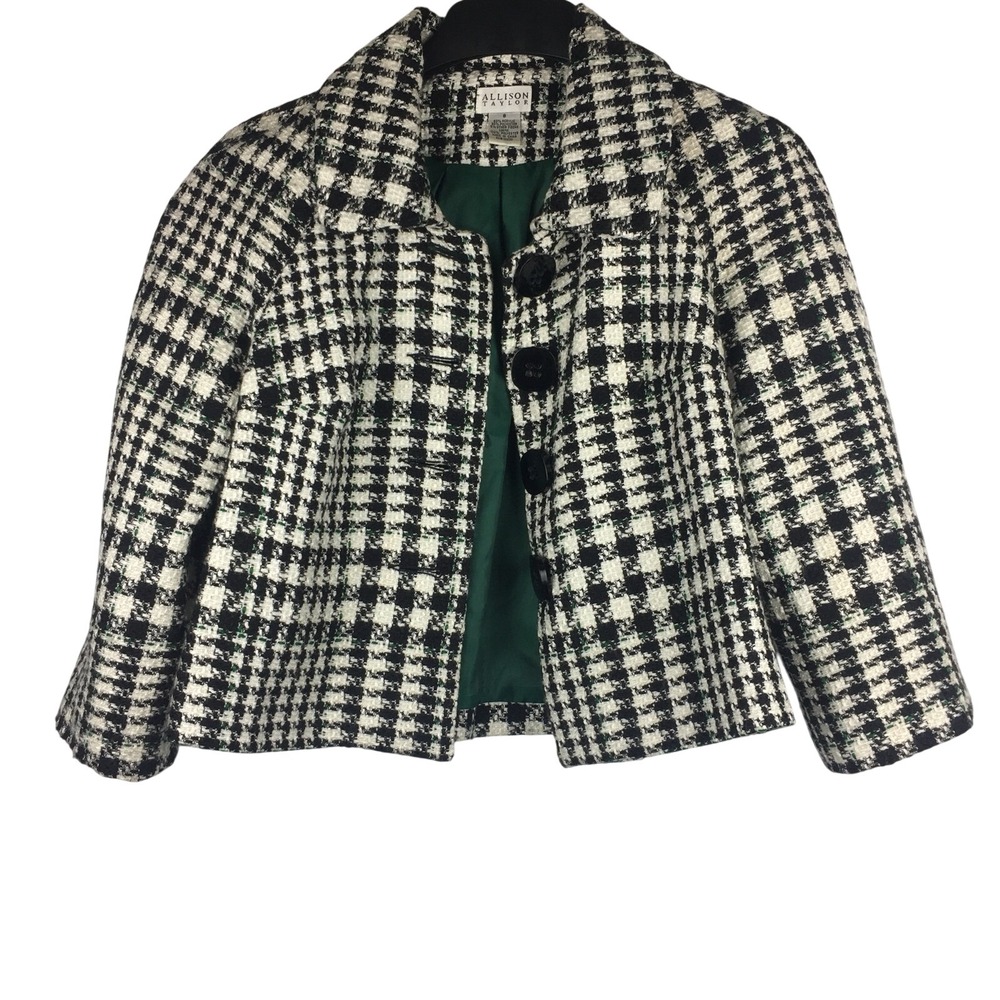Allison Taylor Black White Check Tweed Cropped Blazer Jacket Green Lining 8